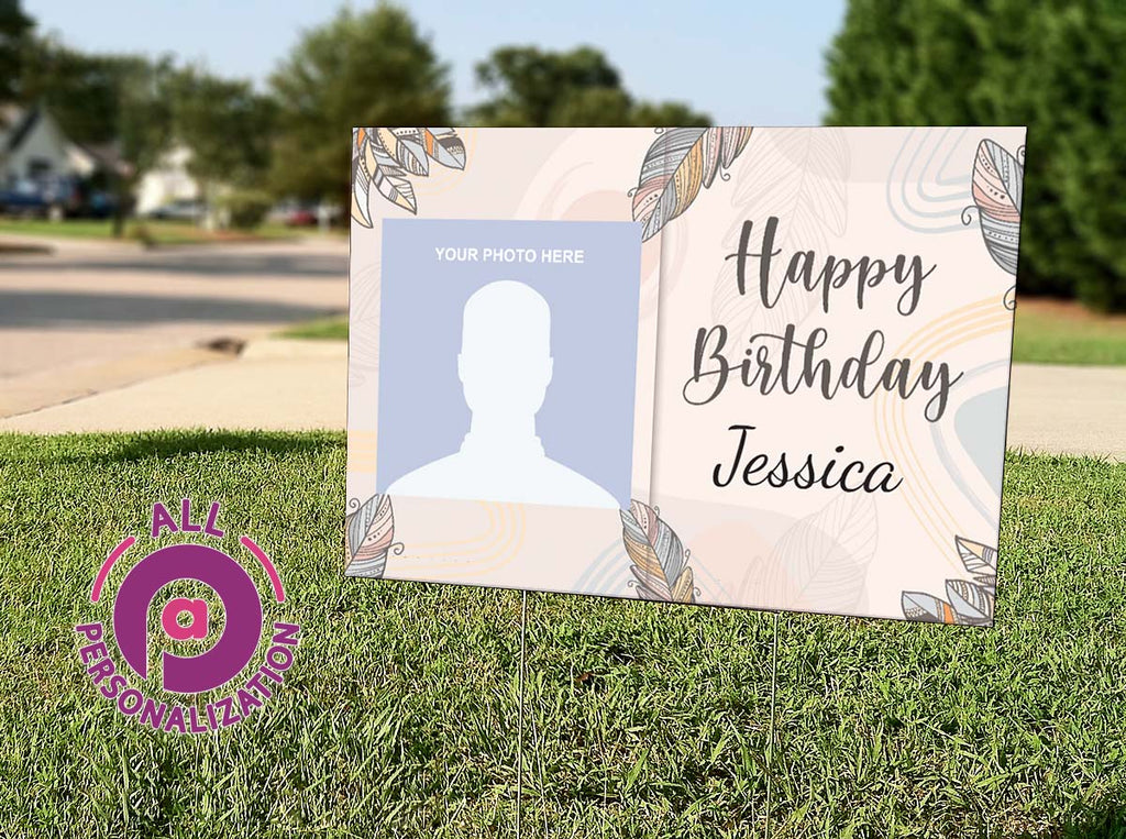 Personalized Rustic Feather Birthday Photo Yard Sign - All Personalization